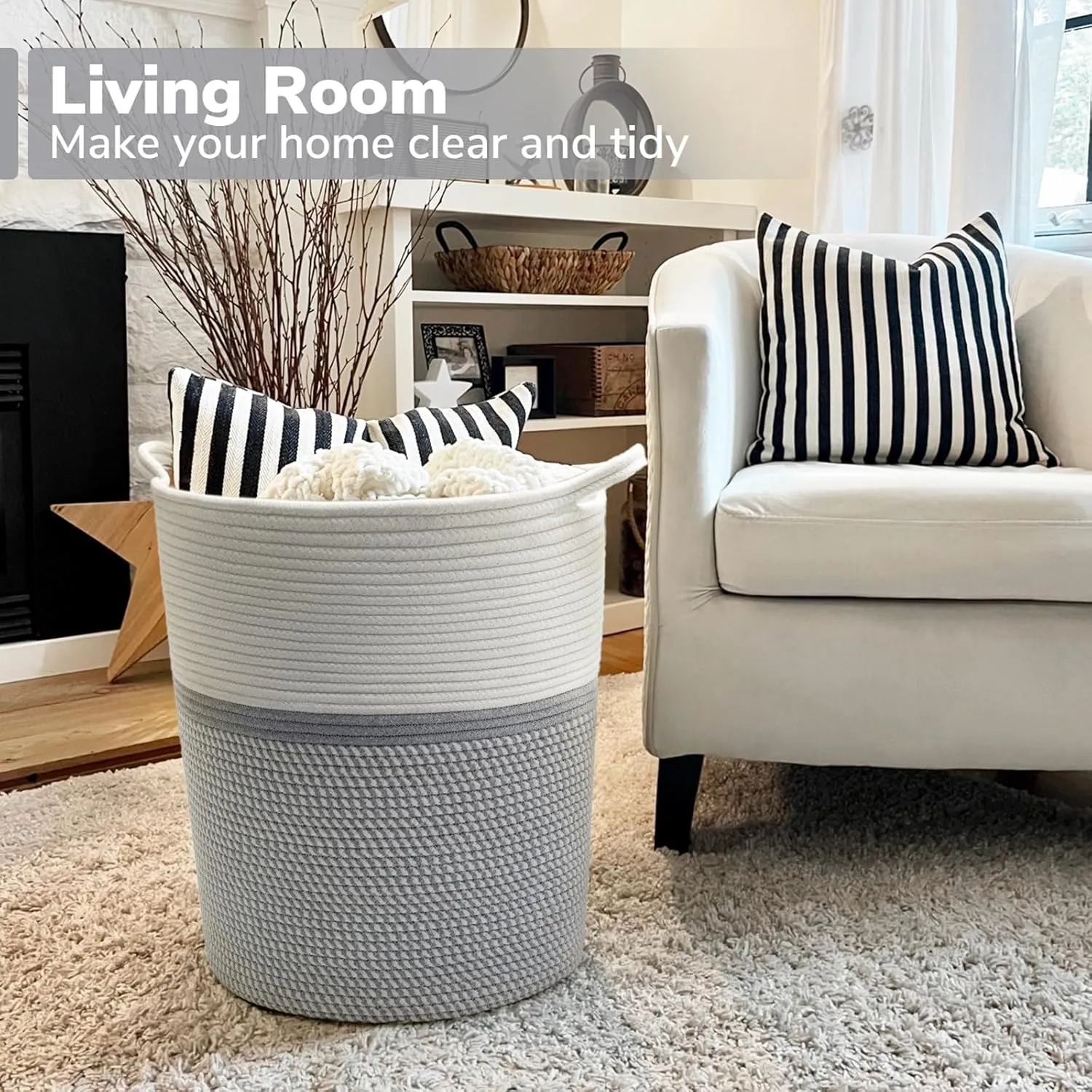 INDRESSME Baby Laundry Basket for Nursery, Kids Laundry Hamper, Tall Storage Basket for Living Room, Rope Basket for Blankets, Clothes, 17¾ x 15¾ x 13¾ inches, Grey