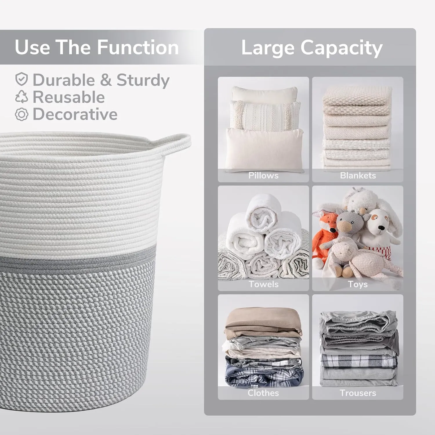 INDRESSME Baby Laundry Basket for Nursery, Kids Laundry Hamper, Tall Storage Basket for Living Room, Rope Basket for Blankets, Clothes, 17¾ x 15¾ x 13¾ inches, Grey