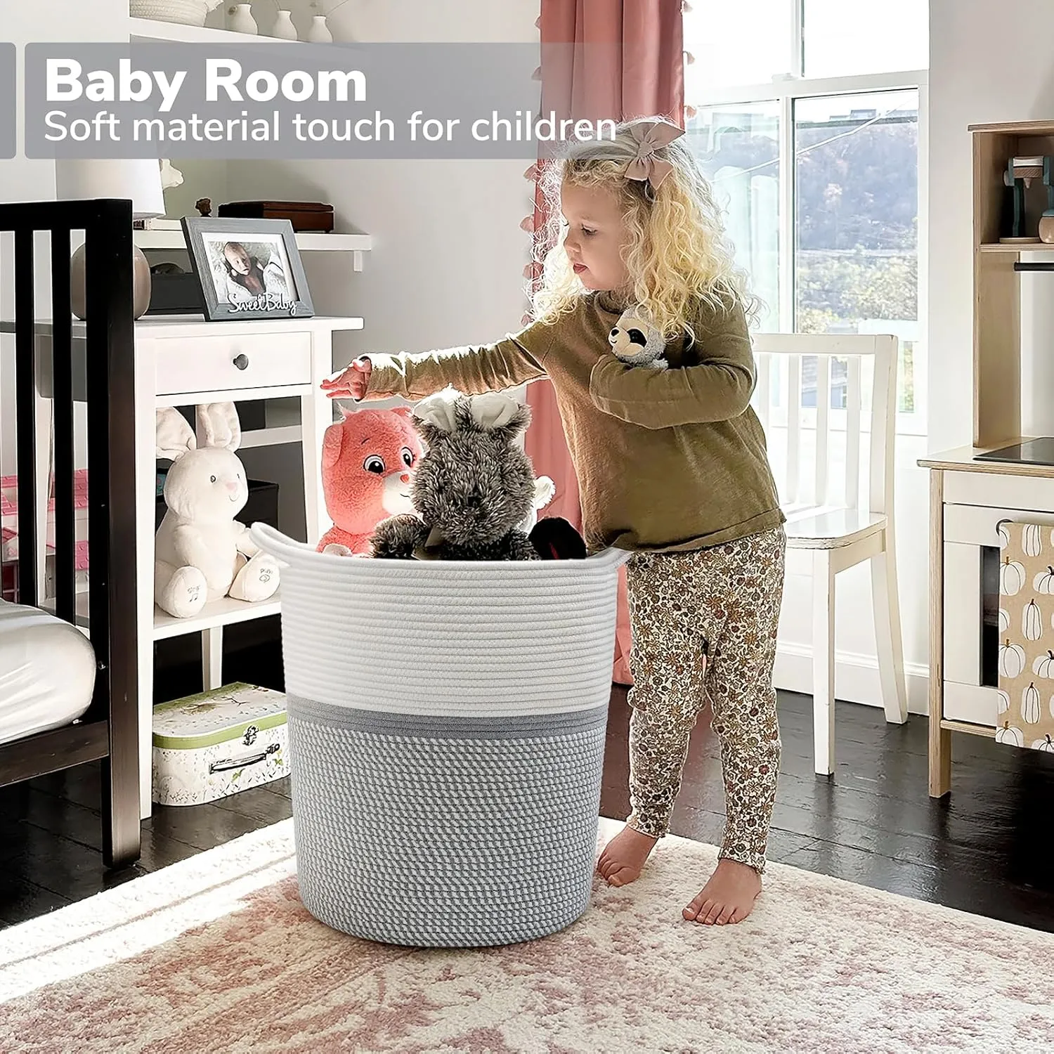 INDRESSME Baby Laundry Basket for Nursery, Kids Laundry Hamper, Tall Storage Basket for Living Room, Rope Basket for Blankets, Clothes, 17¾ x 15¾ x 13¾ inches, Grey