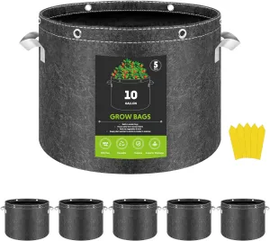 InfiniPower 5 Pack 10 Gallon Plant Grow Bags, 400G Thick Nonwoven Fabric Pots with Multi-Purpose Rings and Handles, Reusable for Low Stress Plant Training Fruits, Vegetables and Flowers