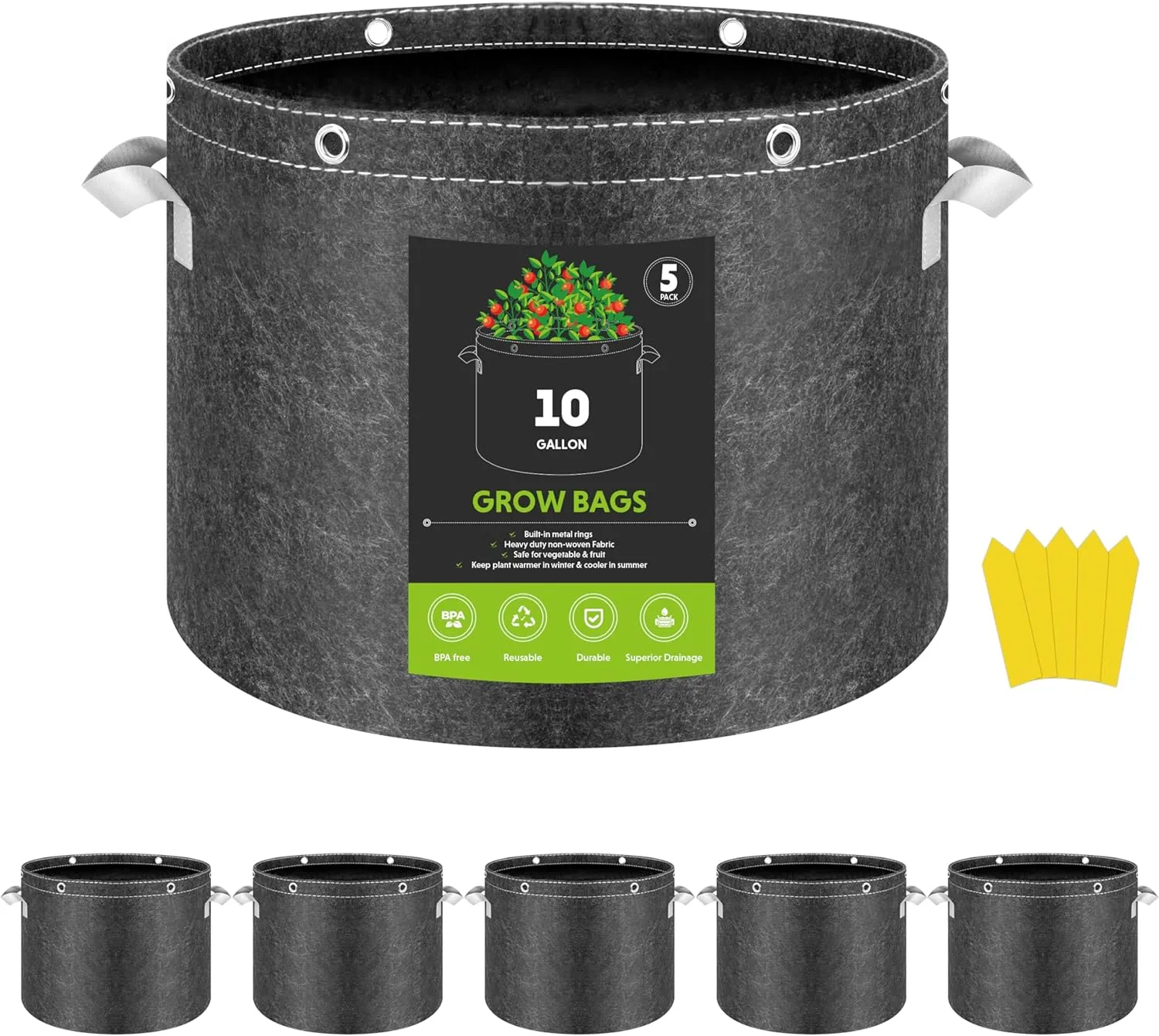 InfiniPower 5 Pack 10 Gallon Plant Grow Bags, 400G Thick Nonwoven Fabric Pots with Multi-Purpose Rings and Handles, Reusable for Low Stress Plant Training Fruits, Vegetables and Flowers