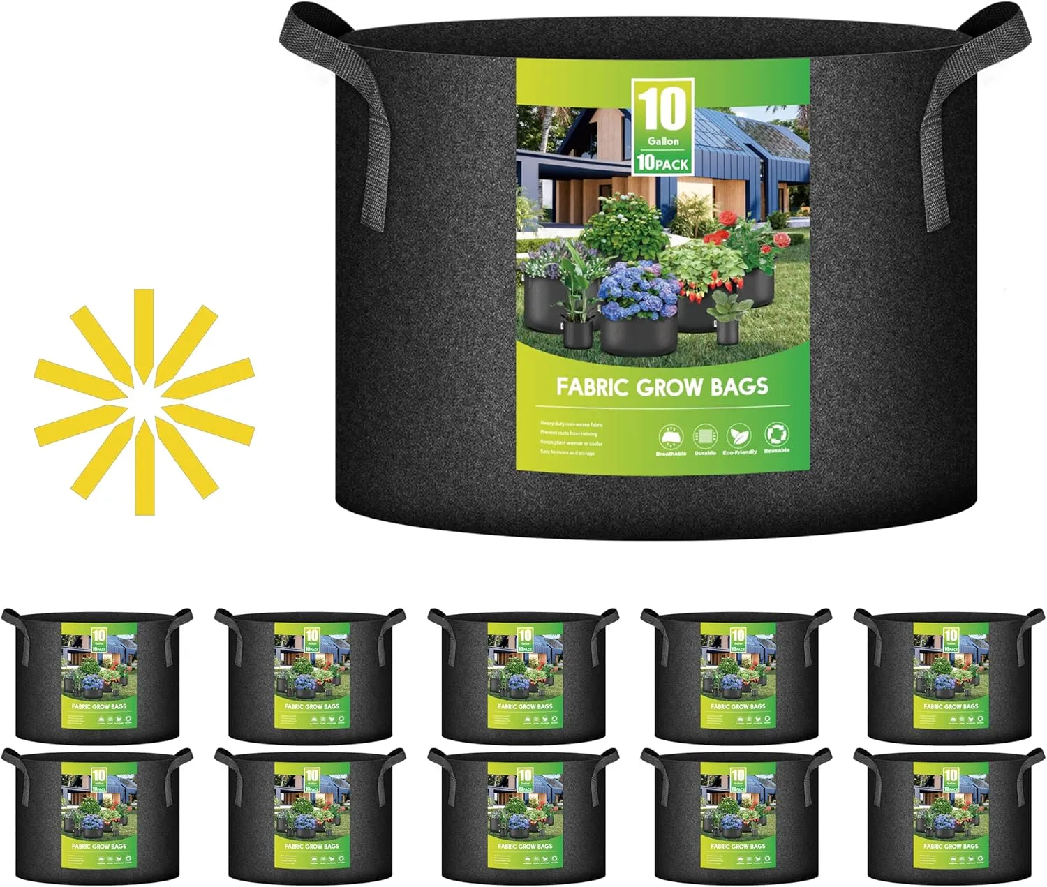 iPower 10 Gallon Grow Bags Nonwoven Fabric Pots Aeration Container with Strap Handles for Garden and Planting, 10-Pack Black New