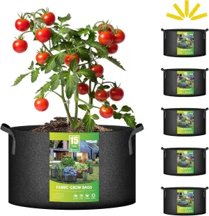 iPower 5 Pack 15 Gallon Grow Bags Heavy Duty 300G Thickened Nonwoven Fabric Plant Pots with 5 Labels & Handles for Outdoor Garden, Aeration Planter Bags for Fruits, Vegetables, Tomato & Flowers, Black