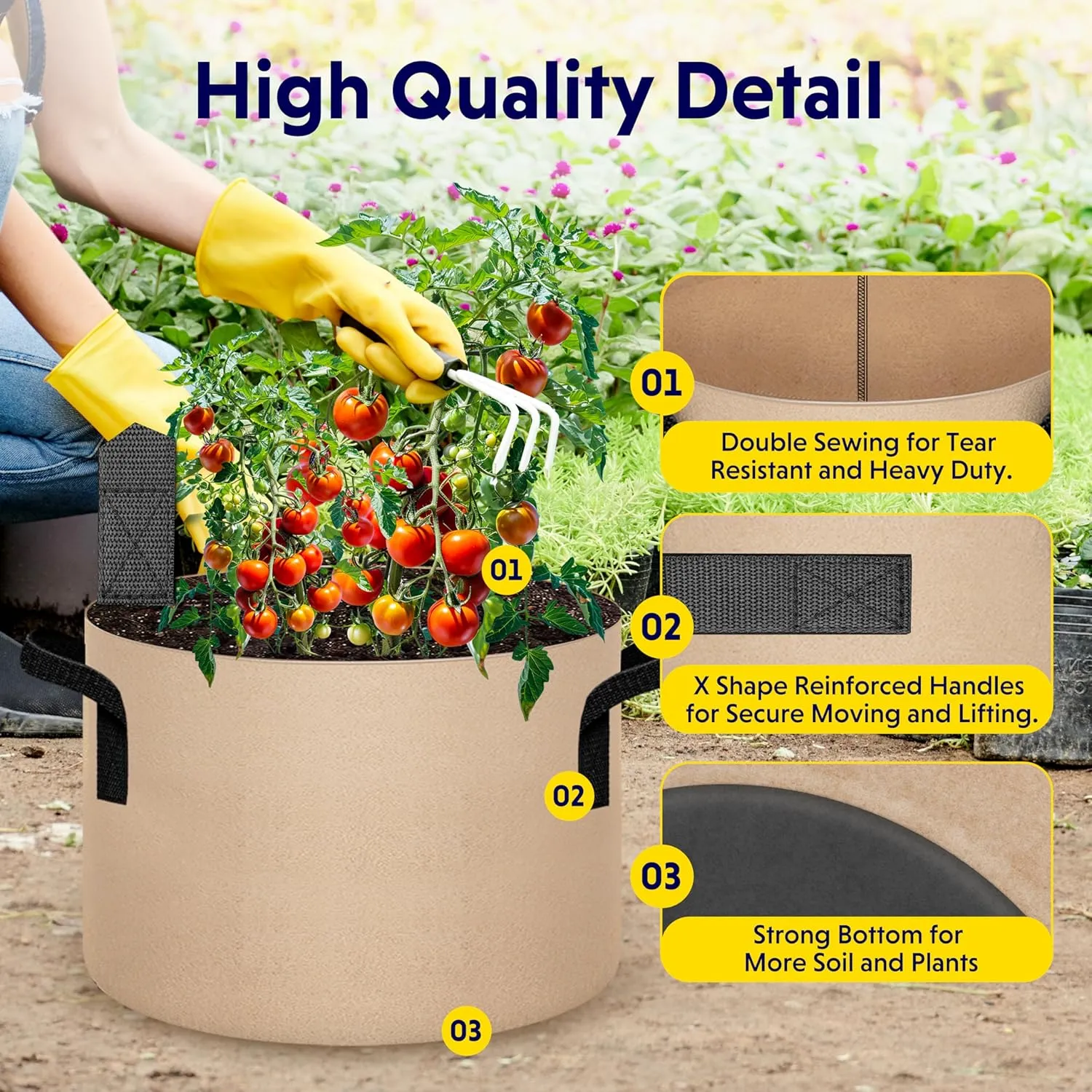 iPower 5-Pack 7 Gallon Plant Grow Bags Thickened Nonwoven Aeration Fabric Pots Heavy Duty Durable Container, Strap Handles for Garden, Tan New