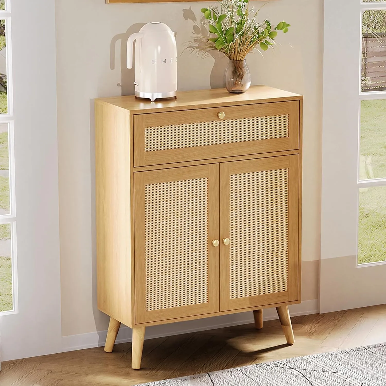 Iwell Storage Cabinet with Adjustable Shelf, Rattan Cabinet with Large Drawer, Sideboard Bufffet Cabinets, Bathroom Storage Cabinets, Accent Cabinets for Entryway, Natural