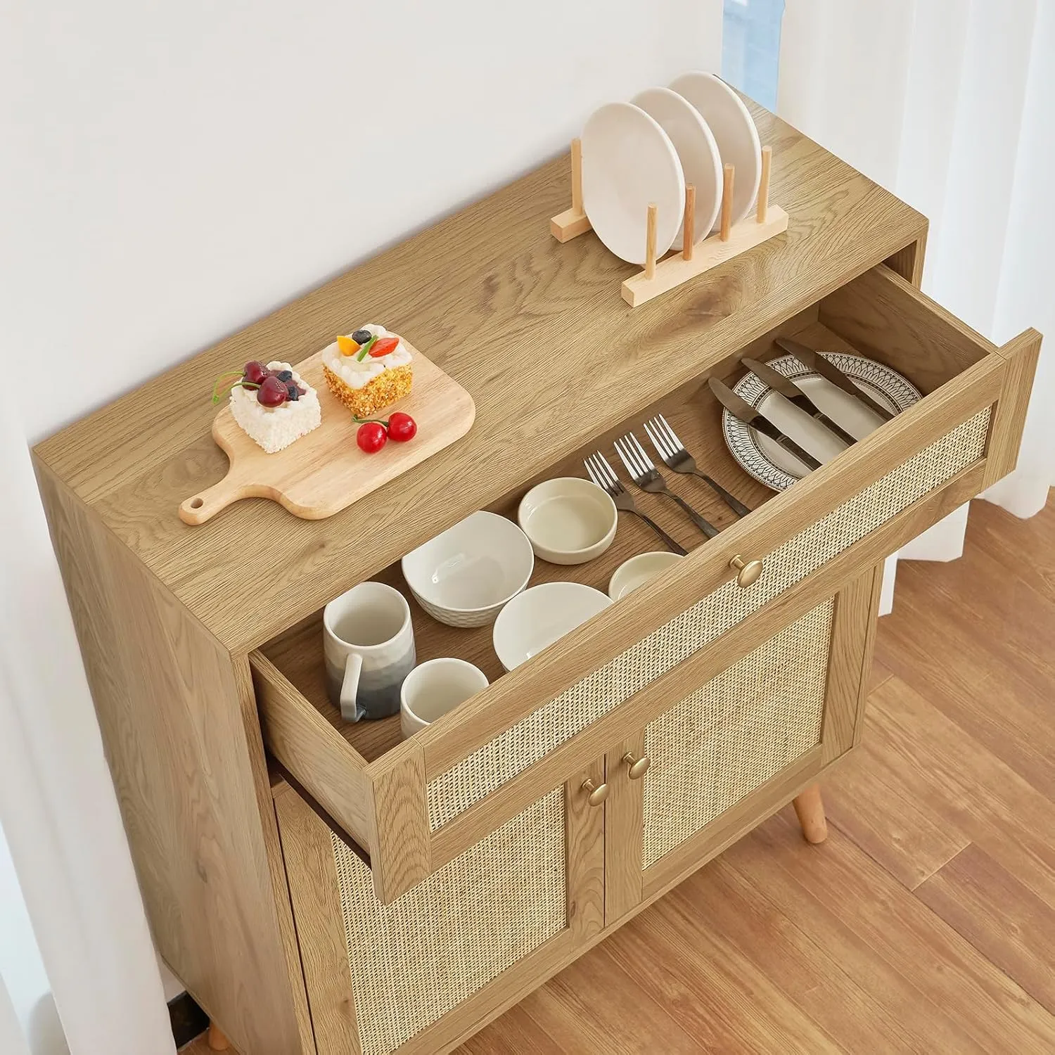 Iwell Storage Cabinet with Adjustable Shelf, Rattan Cabinet with Large Drawer, Sideboard Bufffet Cabinets, Bathroom Storage Cabinets, Accent Cabinets for Entryway, Natural