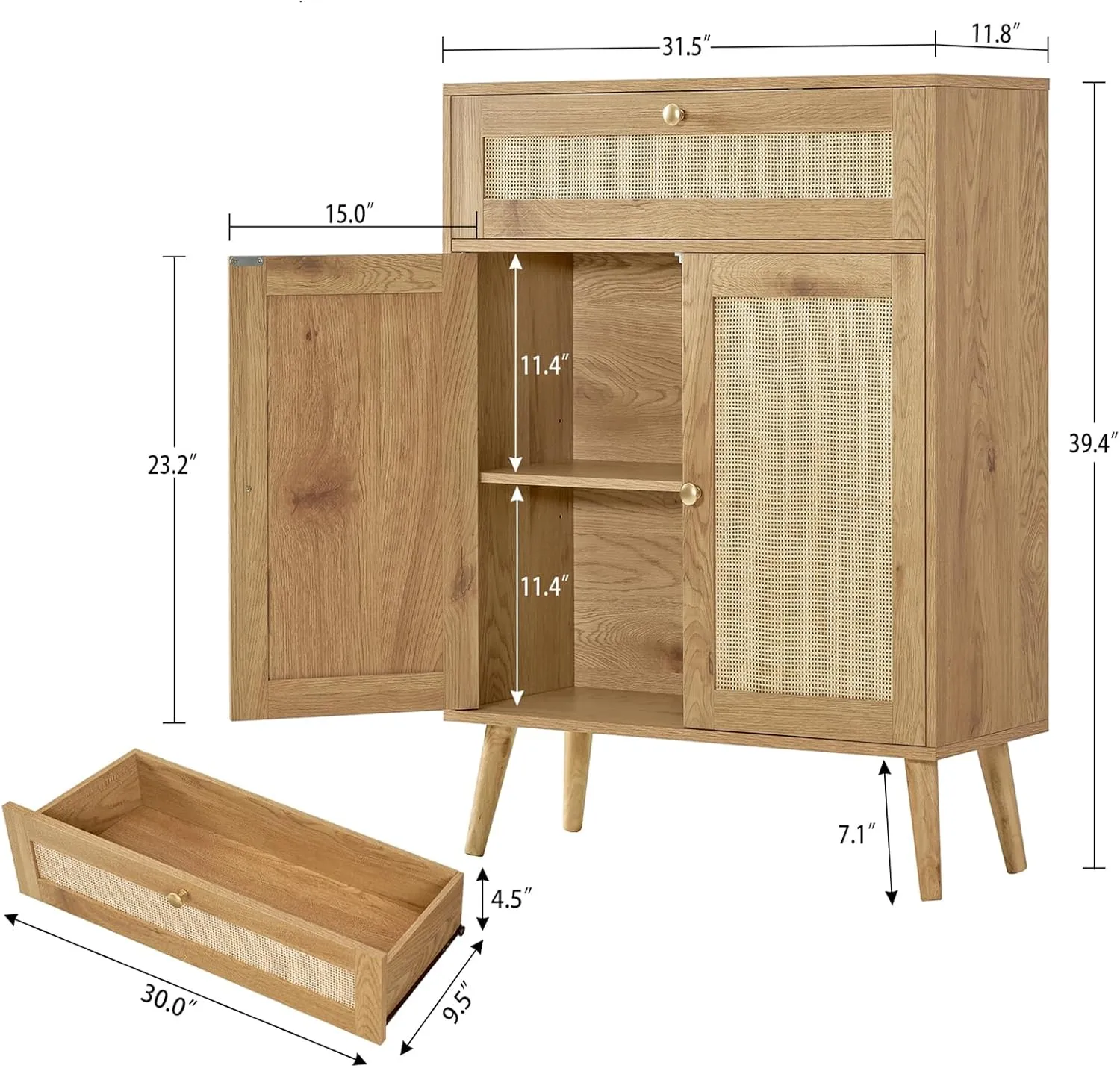 Iwell Storage Cabinet with Adjustable Shelf, Rattan Cabinet with Large Drawer, Sideboard Bufffet Cabinets, Bathroom Storage Cabinets, Accent Cabinets for Entryway, Natural