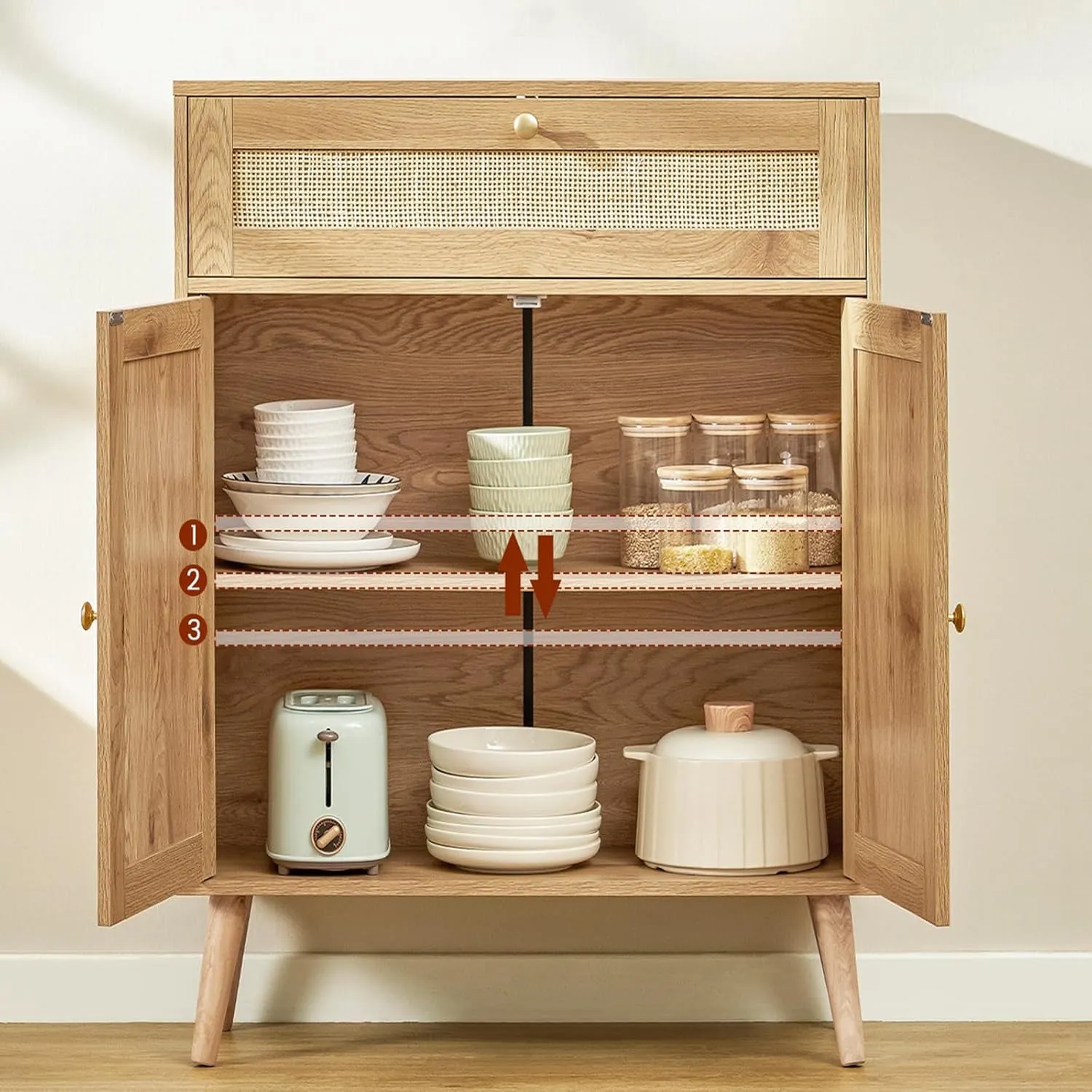 Iwell Storage Cabinet with Adjustable Shelf, Rattan Cabinet with Large Drawer, Sideboard Bufffet Cabinets, Bathroom Storage Cabinets, Accent Cabinets for Entryway, Natural