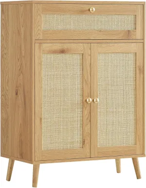 Iwell Storage Cabinet with Adjustable Shelf, Rattan Cabinet with Large Drawer, Sideboard Bufffet Cabinets, Bathroom Storage Cabinets, Accent Cabinets for Entryway, Natural