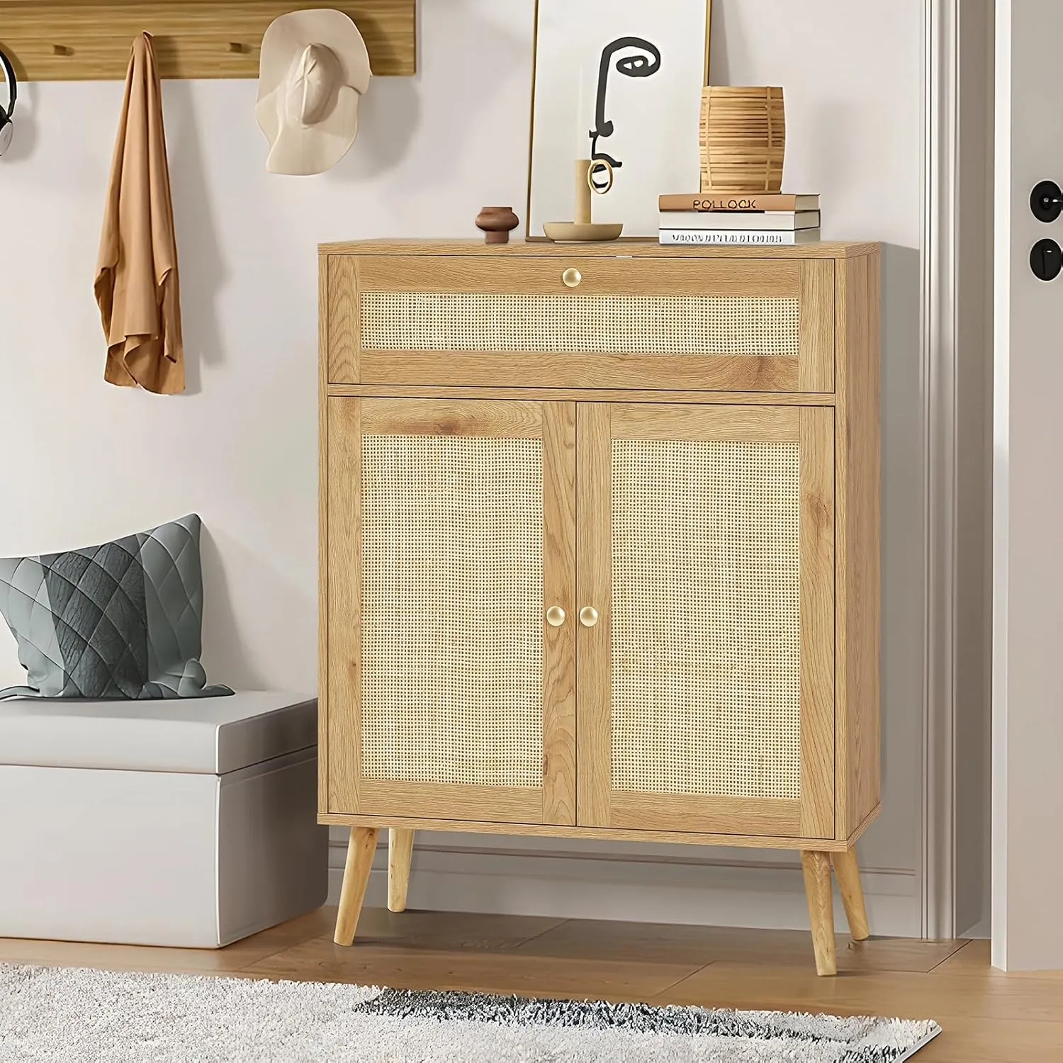 Iwell Storage Cabinet with Adjustable Shelf, Rattan Cabinet with Large Drawer, Sideboard Bufffet Cabinets, Bathroom Storage Cabinets, Accent Cabinets for Entryway, Natural