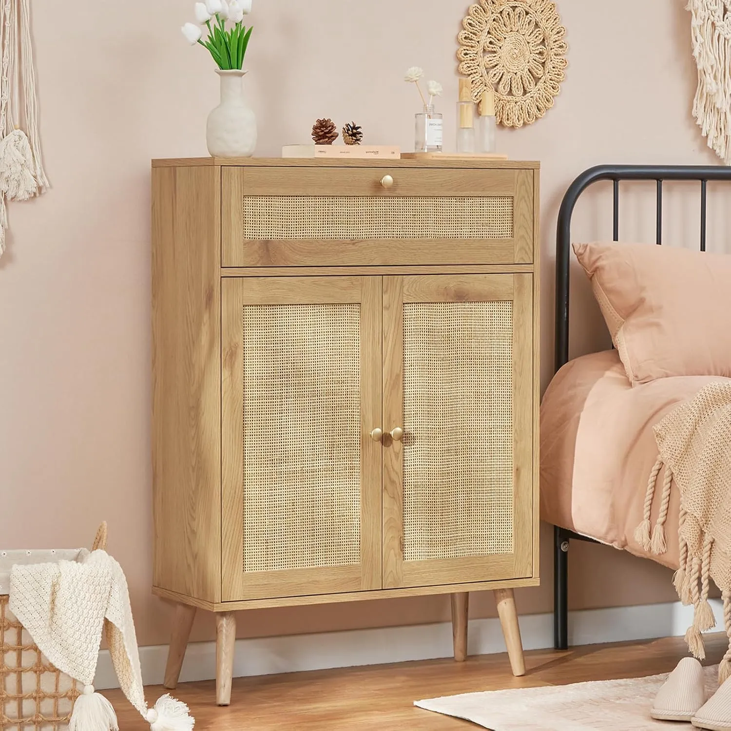 Iwell Storage Cabinet with Adjustable Shelf, Rattan Cabinet with Large Drawer, Sideboard Bufffet Cabinets, Bathroom Storage Cabinets, Accent Cabinets for Entryway, Natural