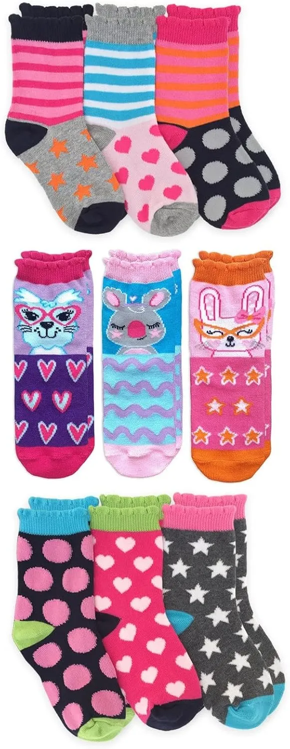 Jefferies Socks Girls Fashion Novelty Colorful Pattern Crew Socks 9 Pair Pack