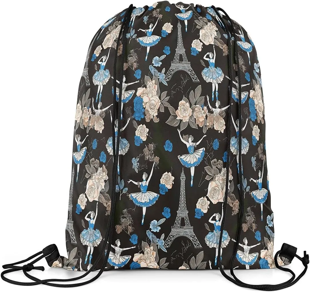 jejeloiu Ballet Drawstring Backpack 57"x3.1" Eiffel Tower Waterproof Gym Drawstring Bags Romantic Rose Sports String Backpack