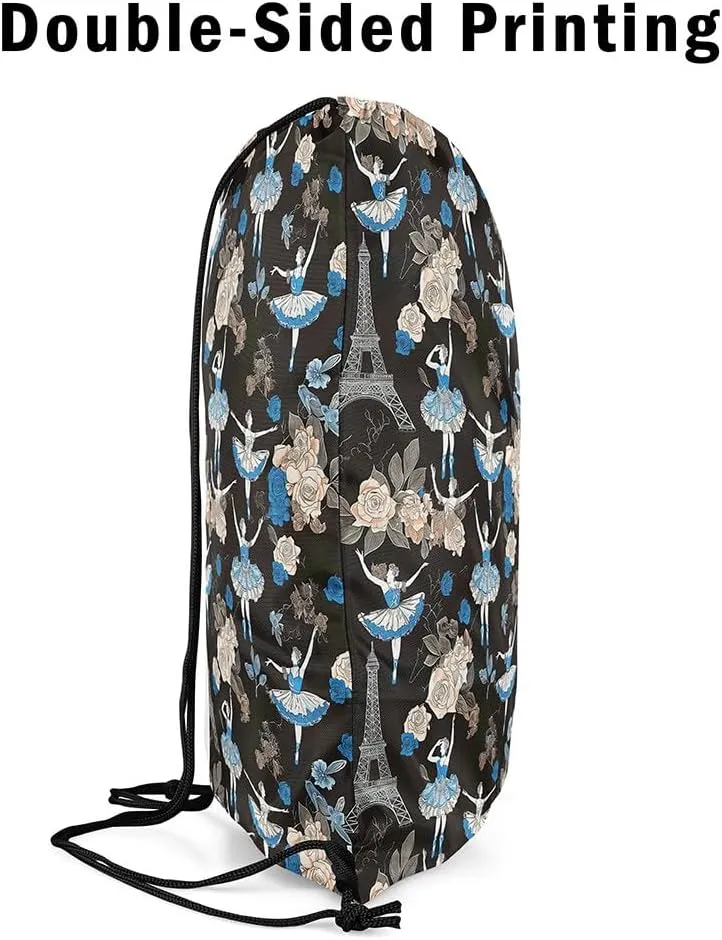 jejeloiu Ballet Drawstring Backpack 57"x3.1" Eiffel Tower Waterproof Gym Drawstring Bags Romantic Rose Sports String Backpack