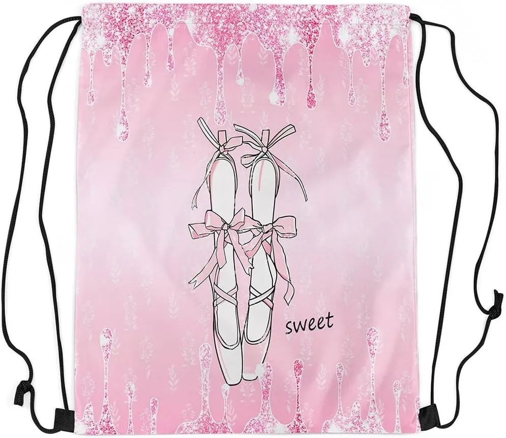 jejeloiu Glitter Ballet Shoes Drawstring Backpack 57"x3.1" Pink Cute Bow Waterproof Gym Drawstring Bags Princess Sports String Backpack（Glitter Print）