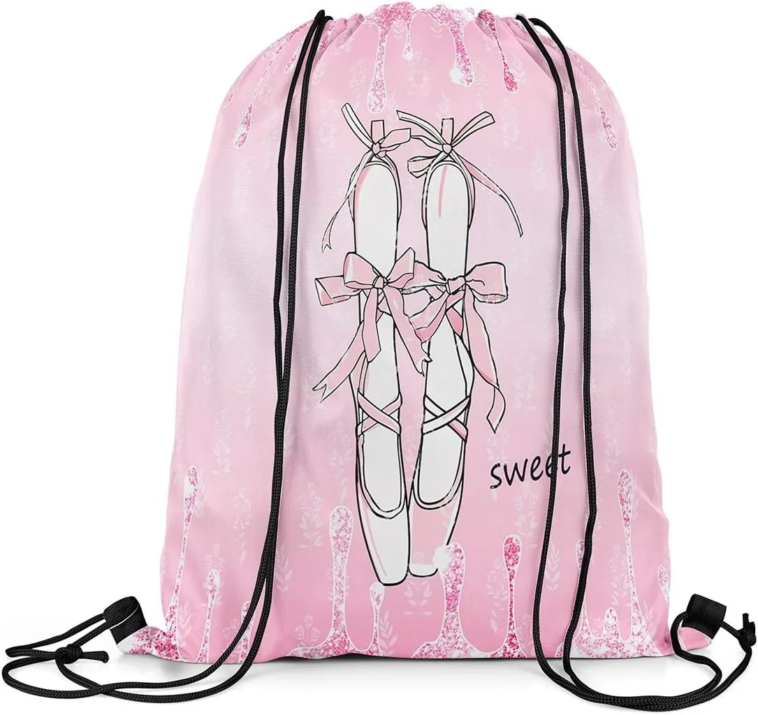 jejeloiu Glitter Ballet Shoes Drawstring Backpack 57"x3.1" Pink Cute Bow Waterproof Gym Drawstring Bags Princess Sports String Backpack（Glitter Print）
