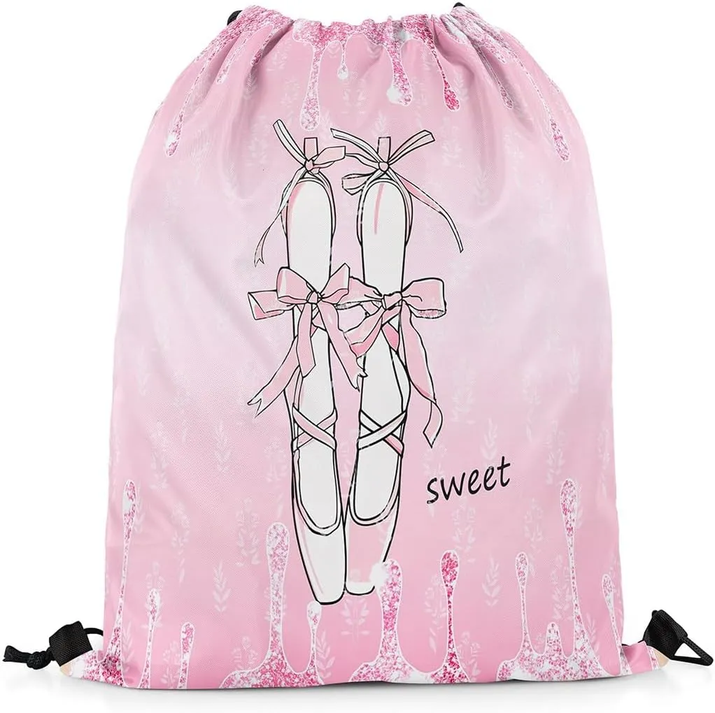 jejeloiu Glitter Ballet Shoes Drawstring Backpack 57"x3.1" Pink Cute Bow Waterproof Gym Drawstring Bags Princess Sports String Backpack（Glitter Print）