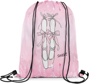 jejeloiu Glitter Ballet Shoes Drawstring Backpack 57"x3.1" Pink Cute Bow Waterproof Gym Drawstring Bags Princess Sports String Backpack（Glitter Print）