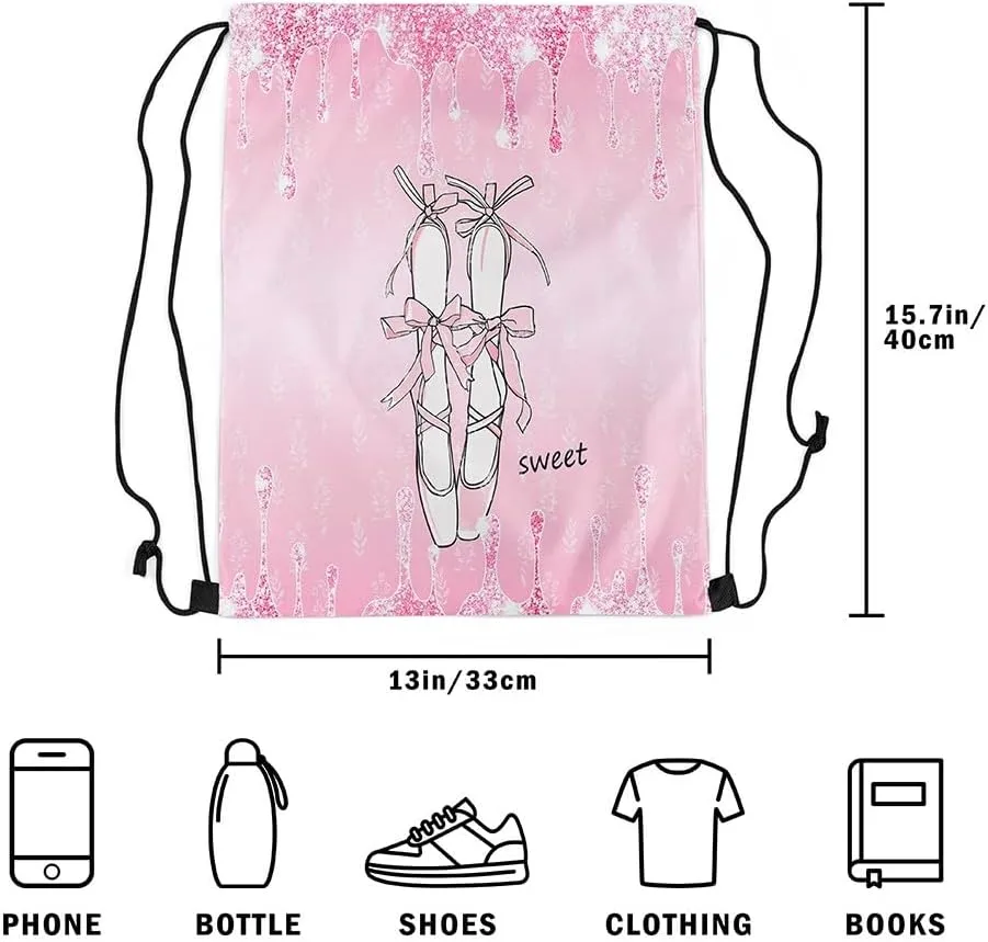 jejeloiu Glitter Ballet Shoes Drawstring Backpack 57"x3.1" Pink Cute Bow Waterproof Gym Drawstring Bags Princess Sports String Backpack（Glitter Print）