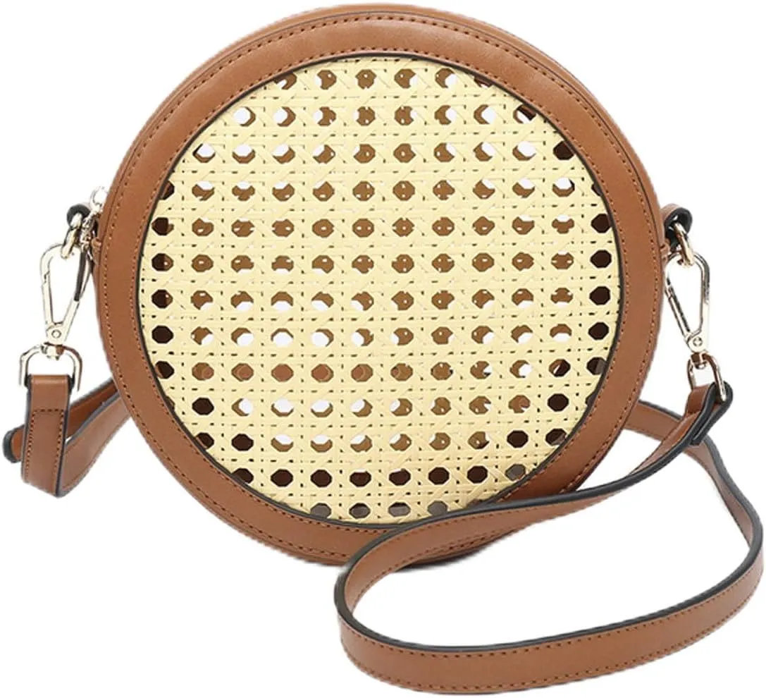 JEN & CO. Francis Bohemian Circular Design Rattan/Vegan Leather Crossbody Handbag Purse