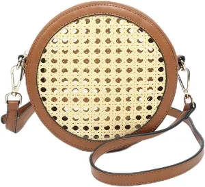 JEN & CO. Francis Bohemian Circular Design Rattan/Vegan Leather Crossbody Handbag Purse