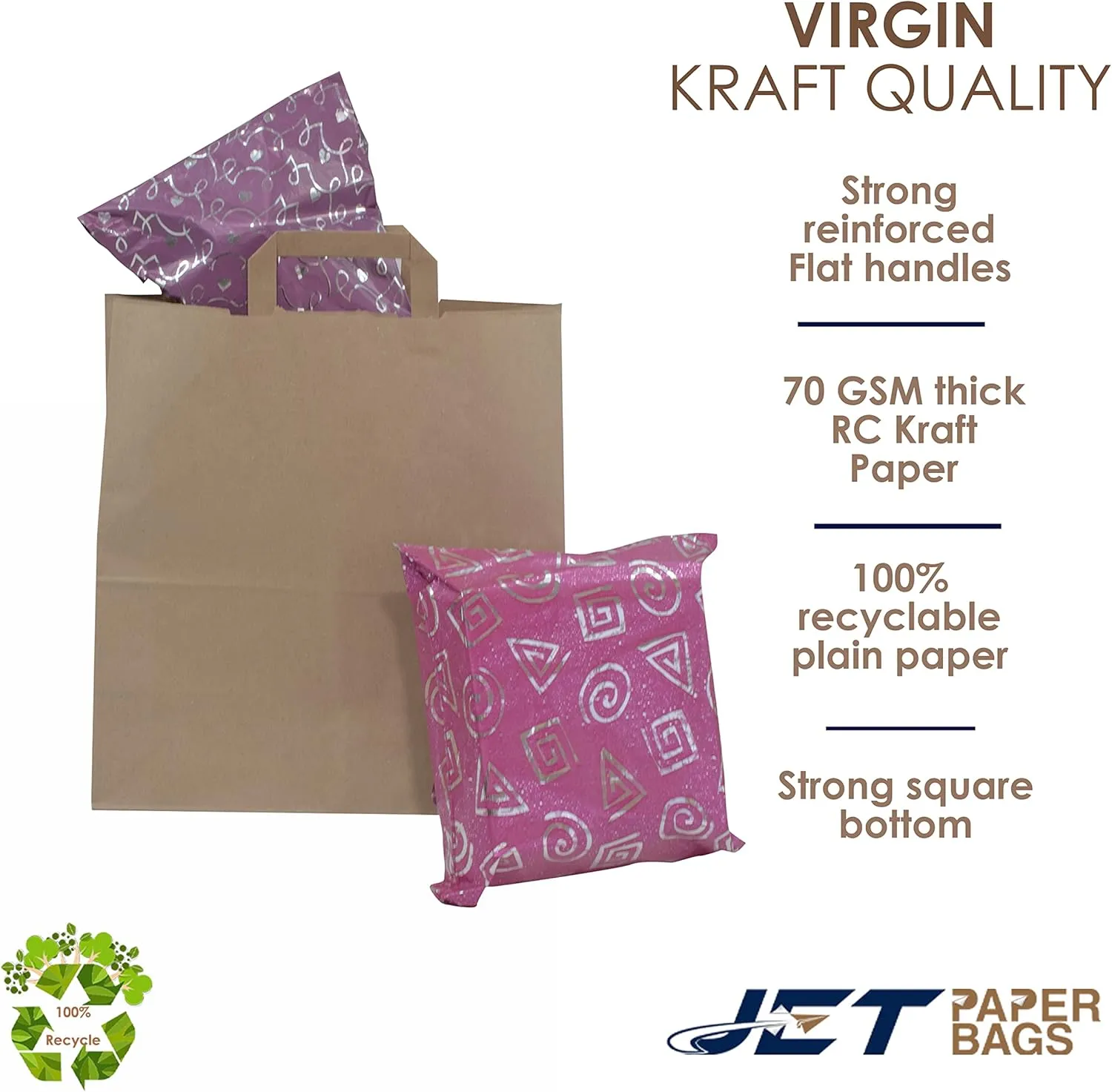 JET PAPER BAGS - 13x6x15 Inch [100 Pcs] Large Brown Paper Bags with Flat Handles Ideal for DIY, Takeout, Grocery, Goody, Retail, Party, Gifts, Weddings - Recyclable Kraft Paper Gift Bags with Handles