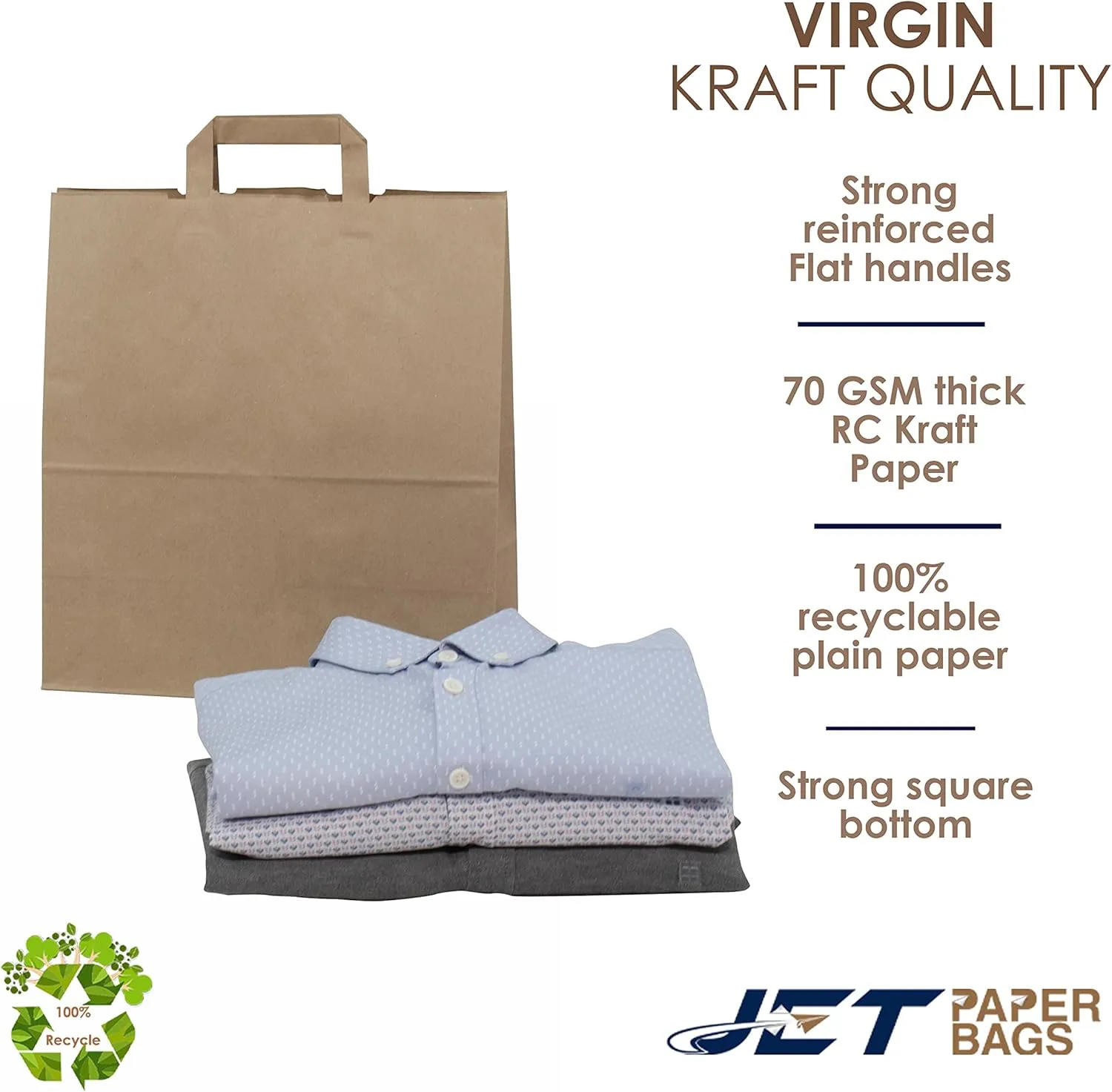 JET PAPER BAGS - 13x6x15 Inch [100 Pcs] Large Brown Paper Bags with Flat Handles Ideal for DIY, Takeout, Grocery, Goody, Retail, Party, Gifts, Weddings - Recyclable Kraft Paper Gift Bags with Handles