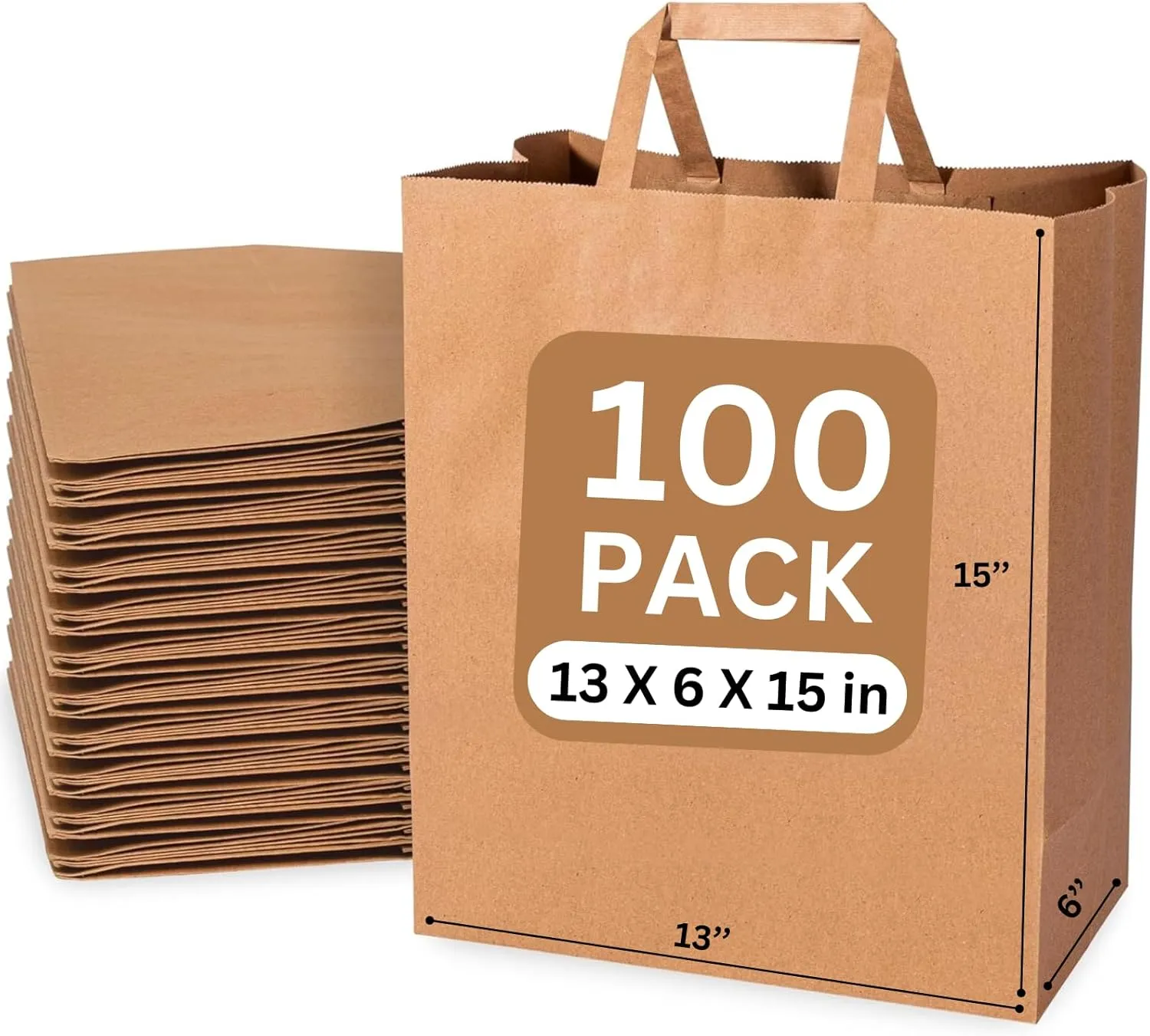 JET PAPER BAGS - 13x6x15 Inch [100 Pcs] Large Brown Paper Bags with Flat Handles Ideal for DIY, Takeout, Grocery, Goody, Retail, Party, Gifts, Weddings - Recyclable Kraft Paper Gift Bags with Handles