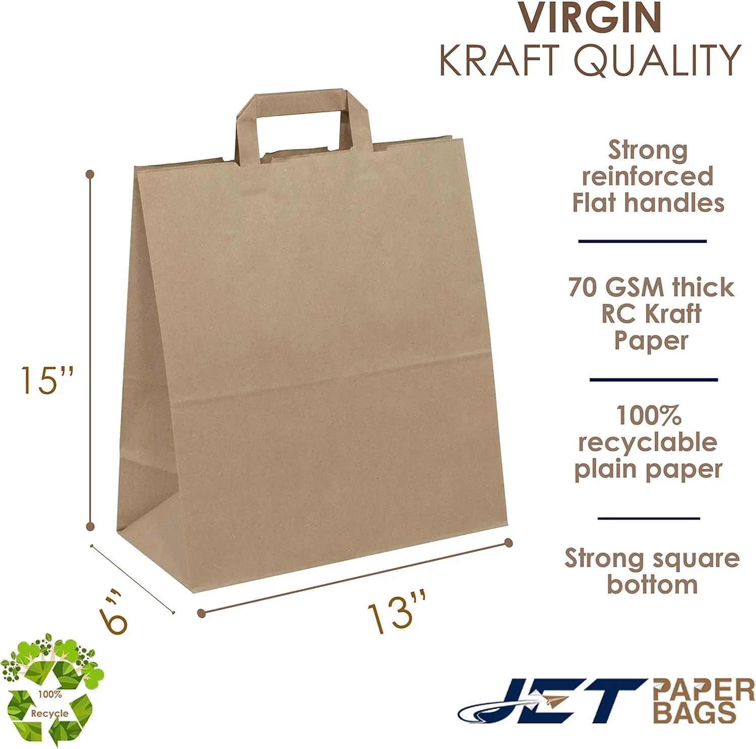 JET PAPER BAGS - 13x6x15 Inch [100 Pcs] Large Brown Paper Bags with Flat Handles Ideal for DIY, Takeout, Grocery, Goody, Retail, Party, Gifts, Weddings - Recyclable Kraft Paper Gift Bags with Handles