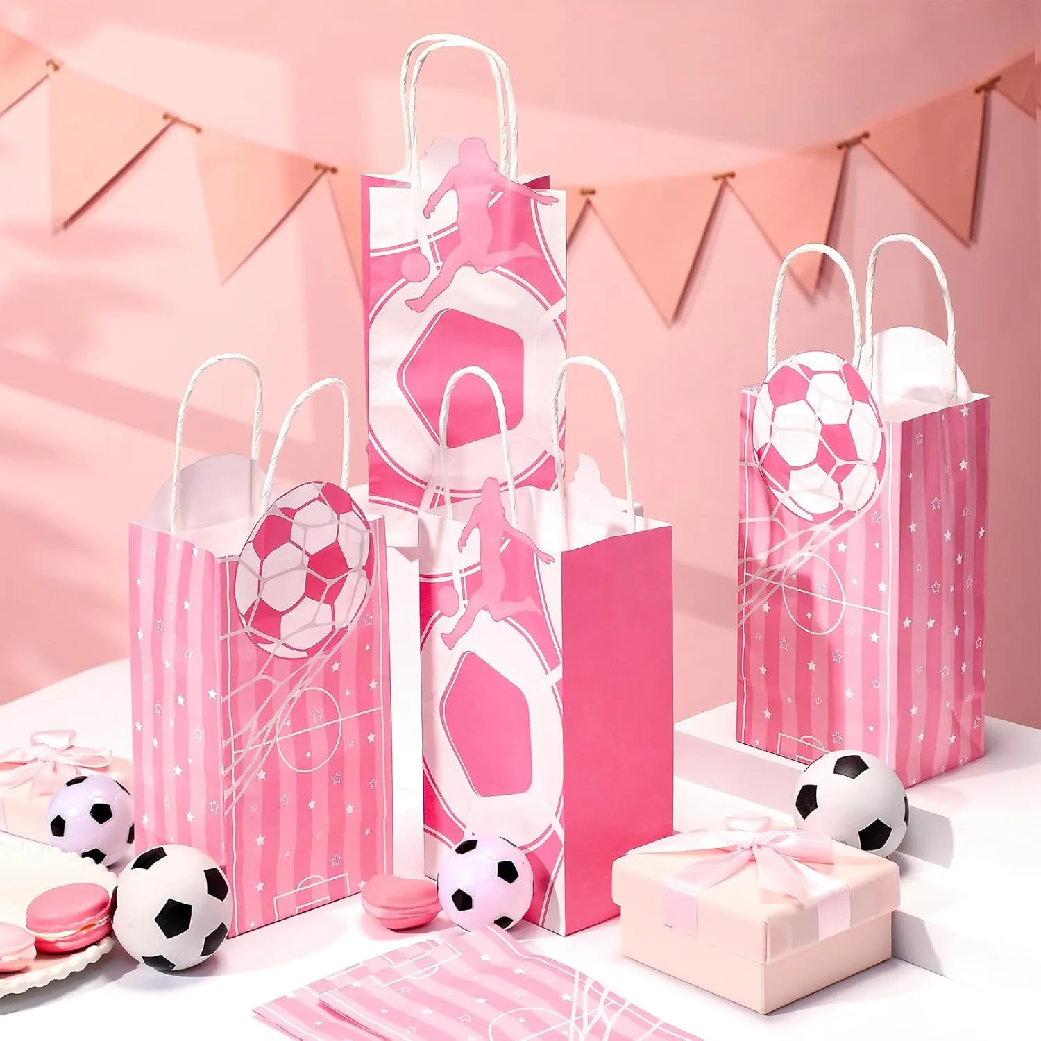Jetec 16 Pcs Pink Soccer Party Favor Soccer Goodie Treat Bags for Team Snacks Girls Snacks Candy Gift Bags with Handles for Team Sport Birthday Party Supplies