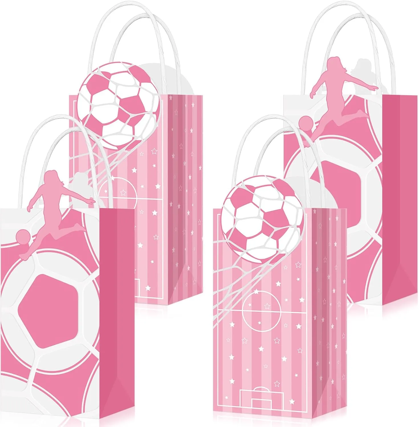 Jetec 16 Pcs Pink Soccer Party Favor Soccer Goodie Treat Bags for Team Snacks Girls Snacks Candy Gift Bags with Handles for Team Sport Birthday Party Supplies