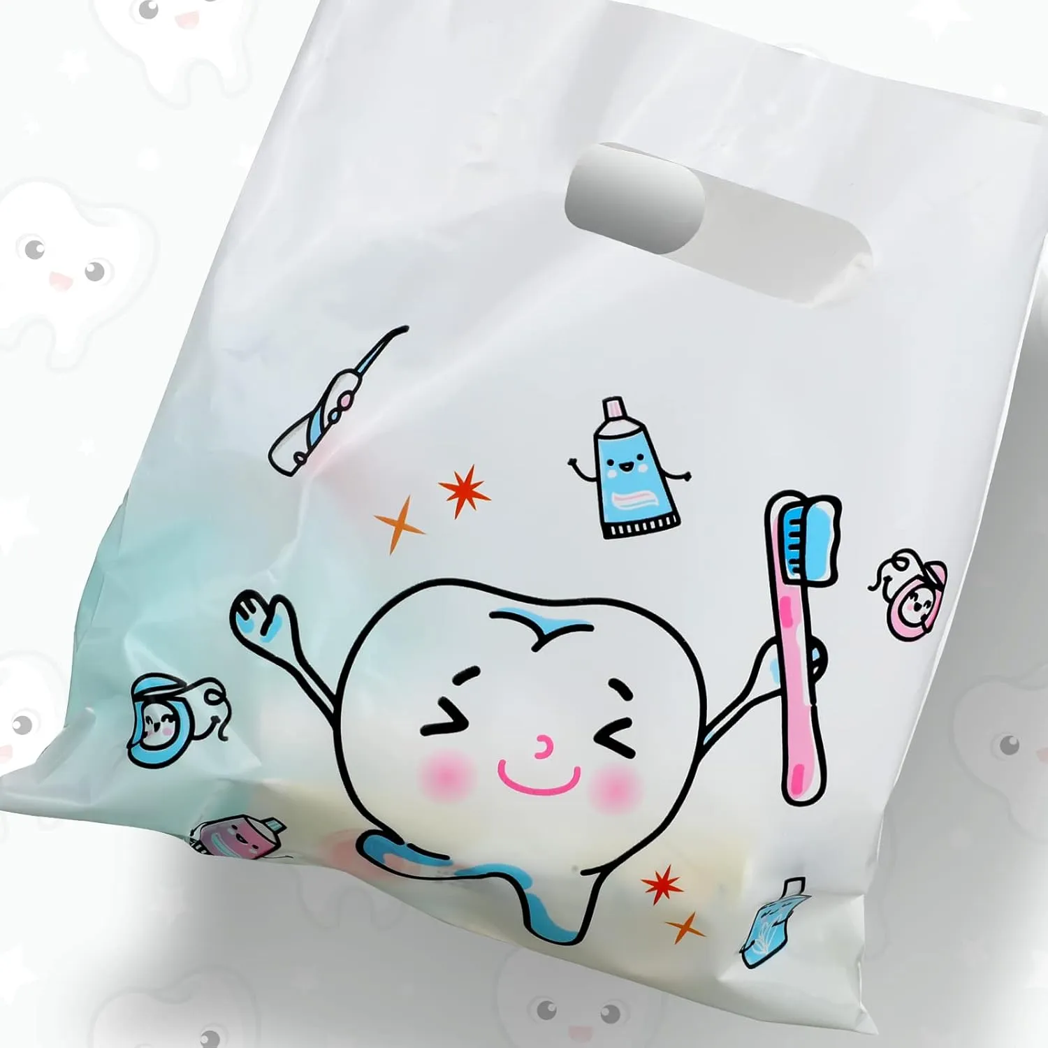 Jetec 200 Pcs Tooth Plastic Bags Patient Care Merchandise Dental Plastic Gift Bags with Handles for Hygienist Dentist Appreciation Gift Packaging Retail Party Favor, 8.18 x 9.25 Inch(Sweet)