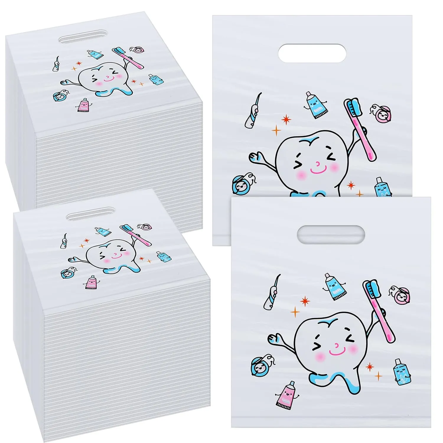 Jetec 200 Pcs Tooth Plastic Bags Patient Care Merchandise Dental Plastic Gift Bags with Handles for Hygienist Dentist Appreciation Gift Packaging Retail Party Favor, 8.18 x 9.25 Inch(Sweet)