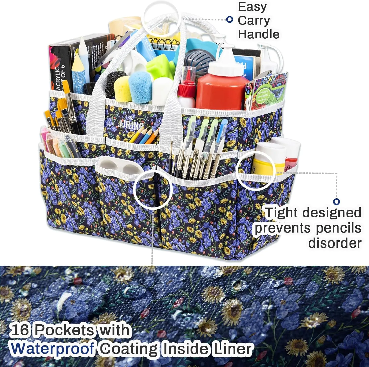 JJRING Craft Tote Storage Bag, Art Organizer Tote Bag with Multiple Pockets, Craft Supply Bag for Art, Craft, Sewing, and Office Supplies, Black, JT0640