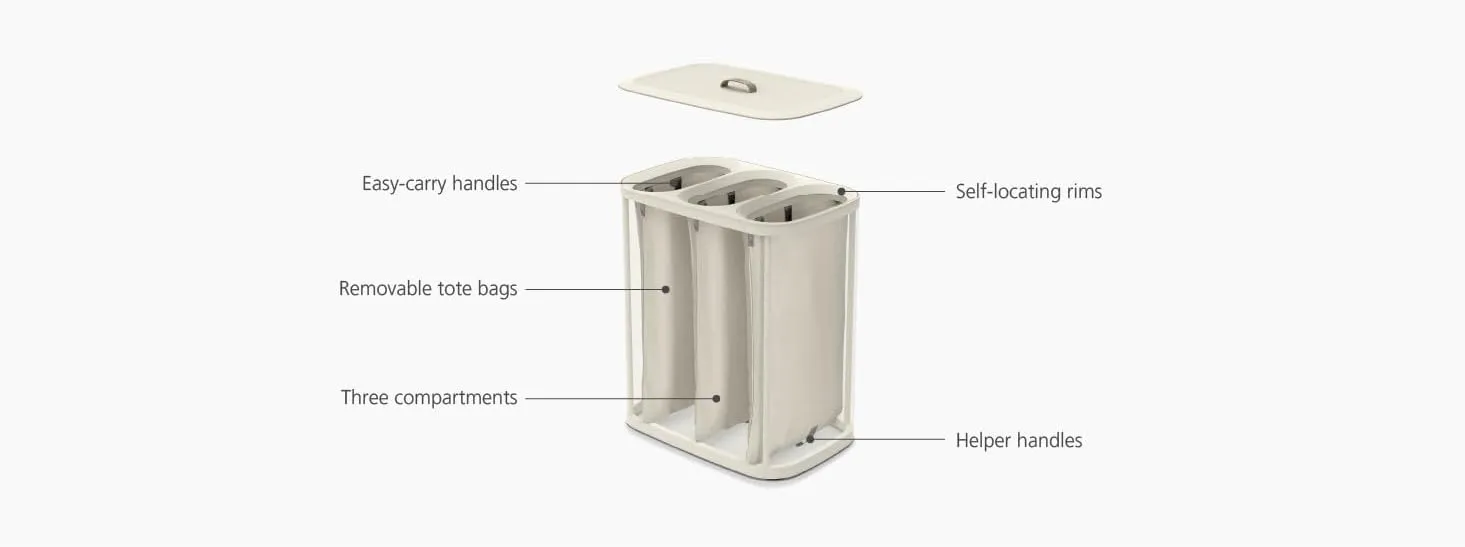 Joseph Joseph Tota - Trio 90-liter Laundry Hamper Separation Basket with lid, 3 Removable Washing Bags with Handles- Ecru