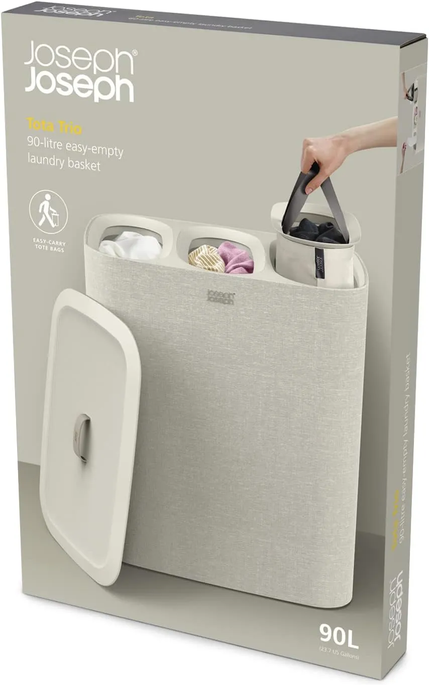 Joseph Joseph Tota - Trio 90-liter Laundry Hamper Separation Basket with lid, 3 Removable Washing Bags with Handles- Ecru