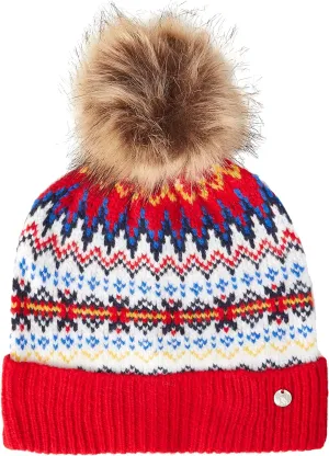 Joules Women's Fairisle Shetland Beanie Hat, Red, One Size