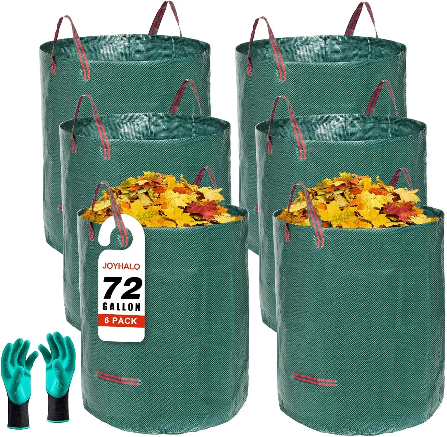 Joyhalo Reusable Yard Waste Bags, 72 Gallon Lawn And Leaf Bags 6 Pack, Heavy Duty Garden Bags With Gardening Gloves, Standable Garden Waste Bags With 4 Handles, Camping Yard Recycling Bags For Leaves