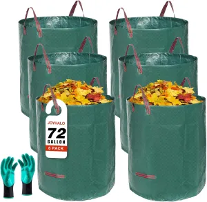 Joyhalo Reusable Yard Waste Bags, 72 Gallon Lawn And Leaf Bags 6 Pack, Heavy Duty Garden Bags With Gardening Gloves, Standable Garden Waste Bags With 4 Handles, Camping Yard Recycling Bags For Leaves