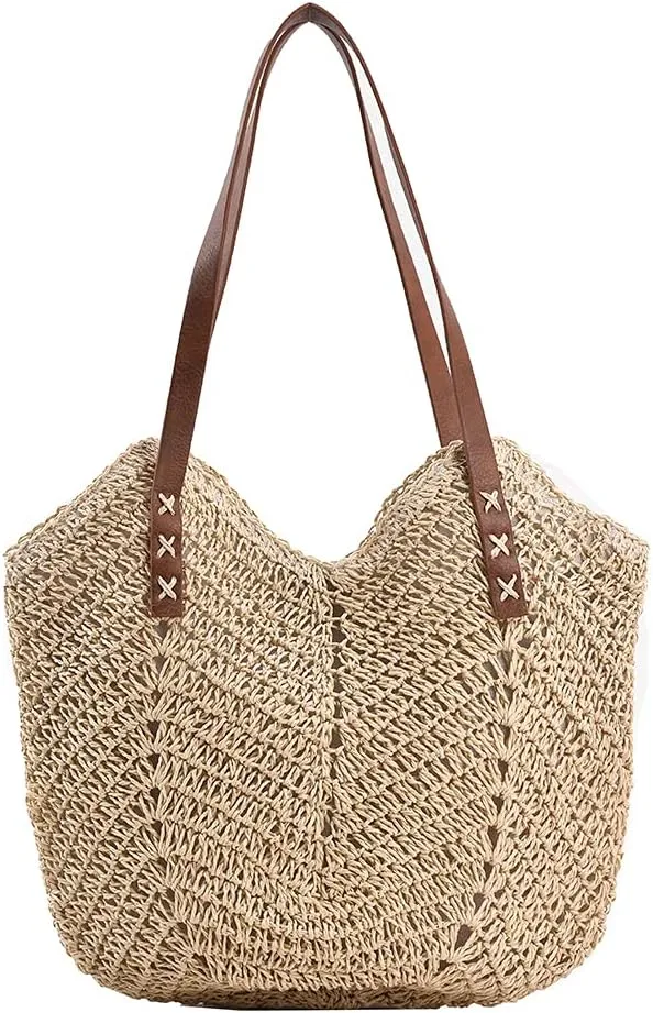 JQWSVE Straw Bag for Women Summer Beach Bag Soft Woven Tote Bag Large Rattan Shoulder Bag for Vacation