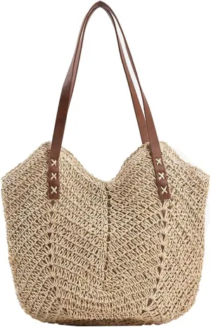 JQWSVE Straw Bag for Women Summer Beach Bag Soft Woven Tote Bag Large Rattan Shoulder Bag for Vacation