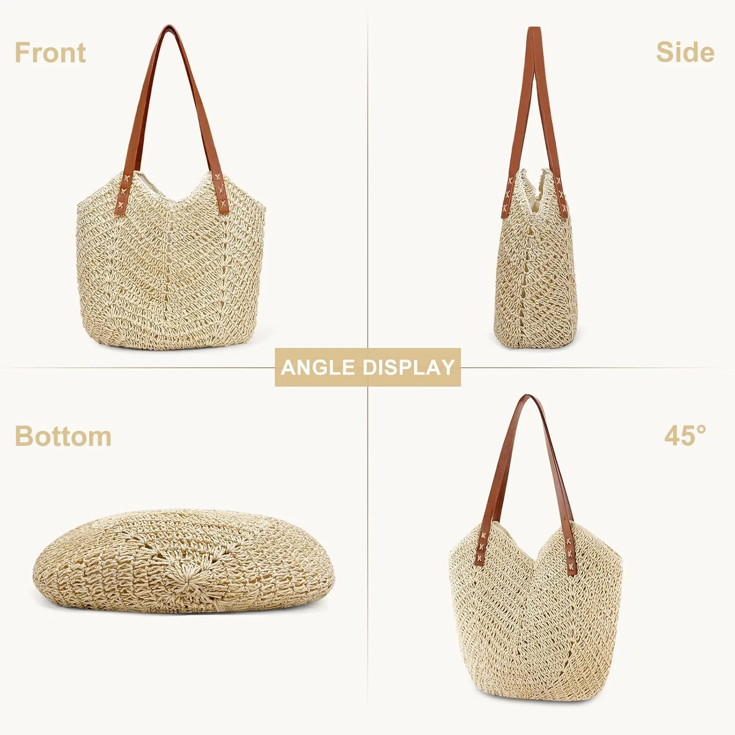 JQWSVE Straw Bag for Women Summer Beach Bag Soft Woven Tote Bag Large Rattan Shoulder Bag for Vacation