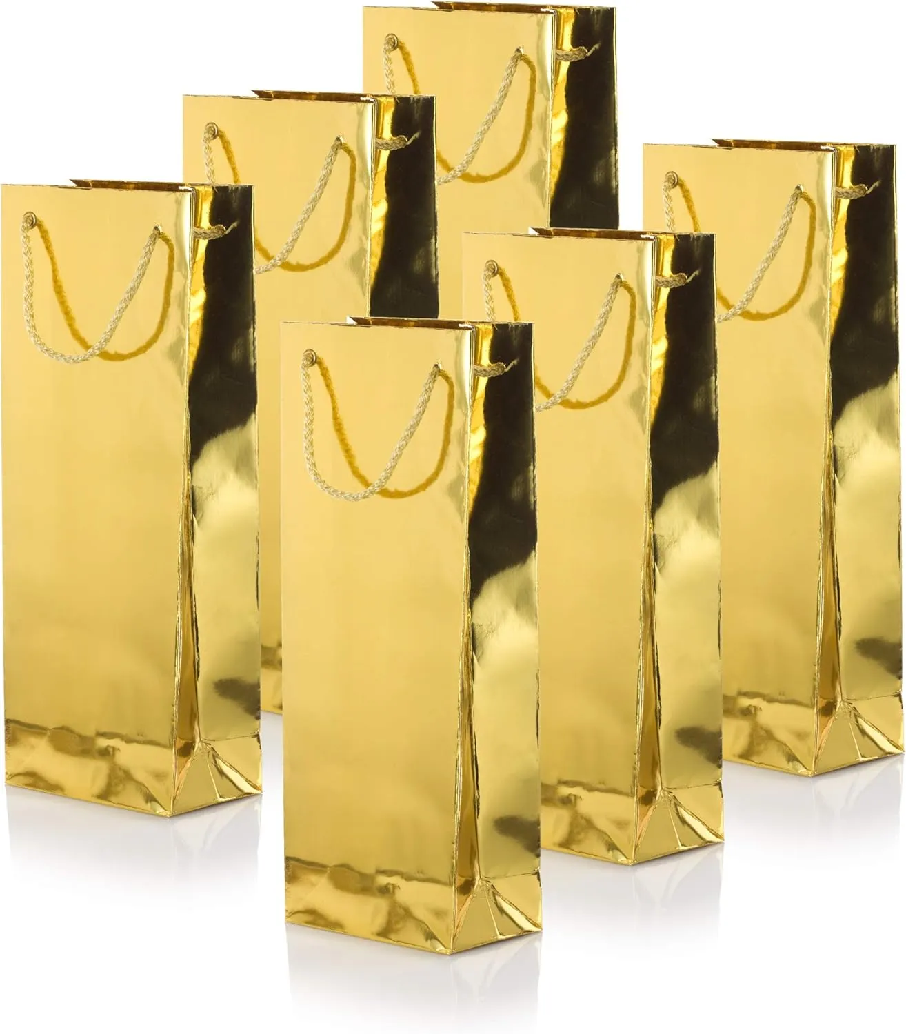 JUVITUS (6 Pack) Metallic Shiny Gold Wine Bottle Gift Bags for Birthdays, Anniversaries, Weddings, Gift Favors, and Holidays