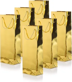 JUVITUS (6 Pack) Metallic Shiny Gold Wine Bottle Gift Bags for Birthdays, Anniversaries, Weddings, Gift Favors, and Holidays