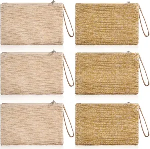 Kajaia 6 Pcs Women Straw Clutch Purse Bohemian Summer Beach Straw Purses for Women Woven Hawaii Handbags Rattan Bags Zipper Wristlet Wallets(9.45 x 6.3 Inch, Fresh Style)
