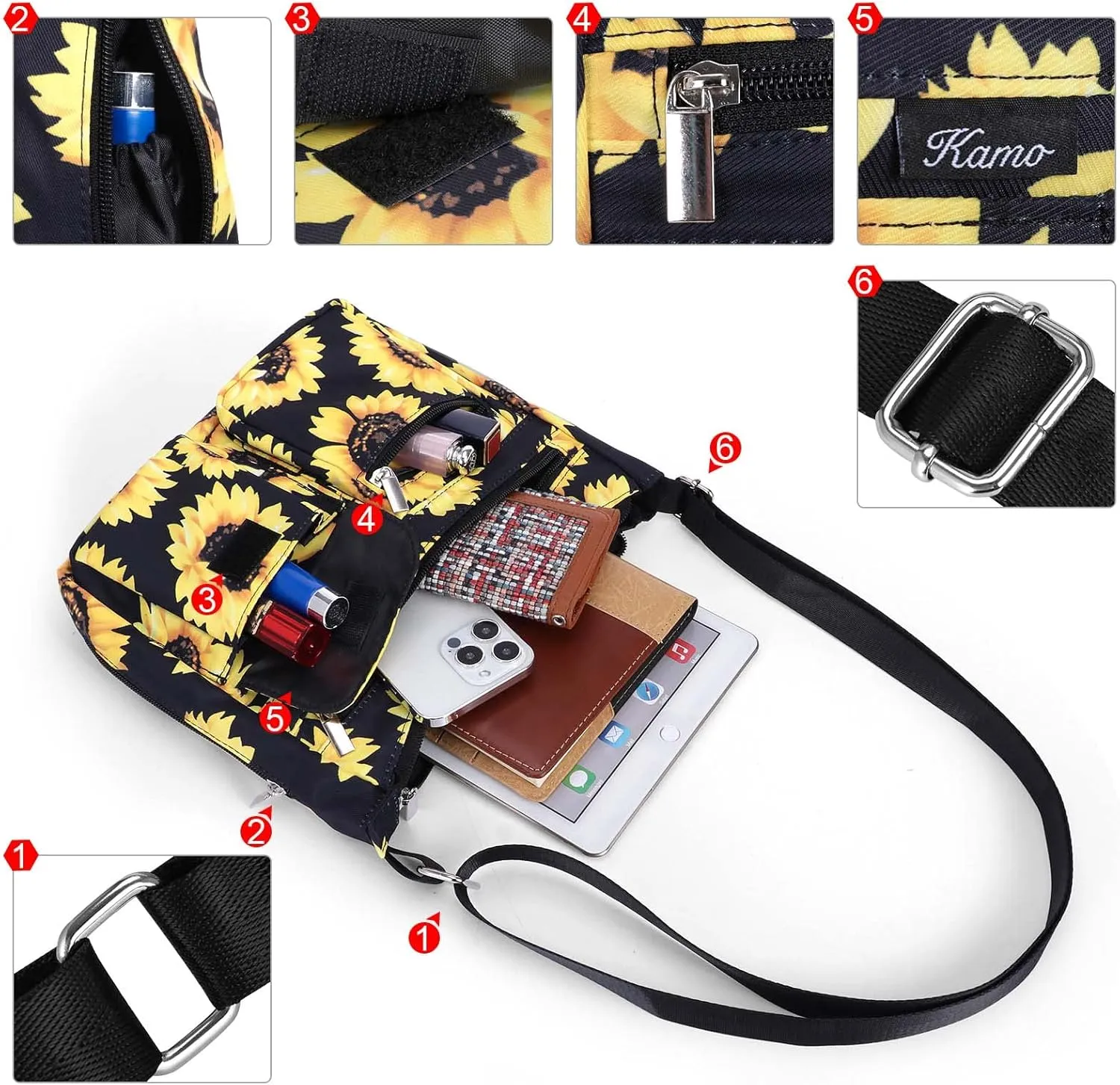 Kamo Crossbody for Women - Multi-pocket Shoulder Lightweight Messenger Casual Printed Purse Handbag Travel Bag