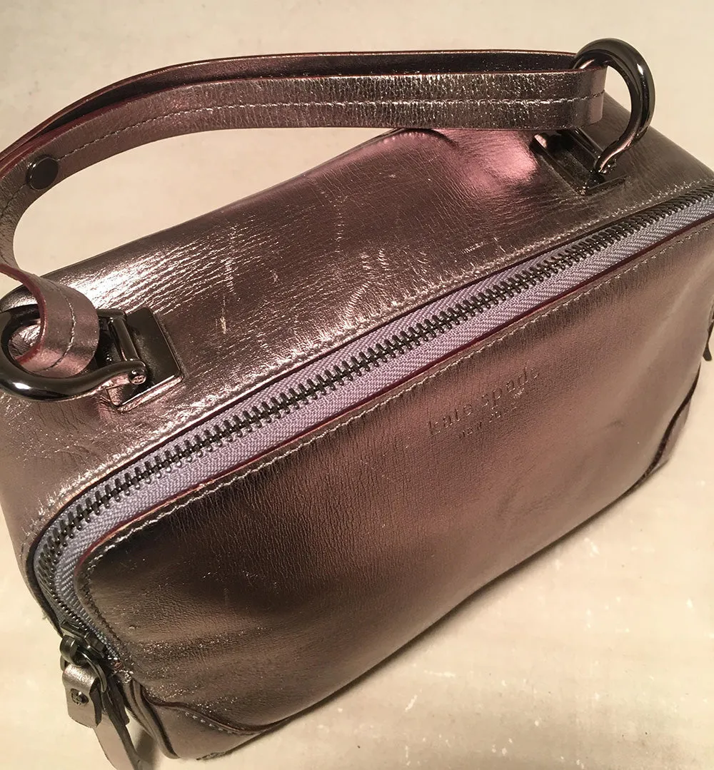 Kate Spade Gunmetal Silver Leather Soft Box Zip Around Travel Case Handbag