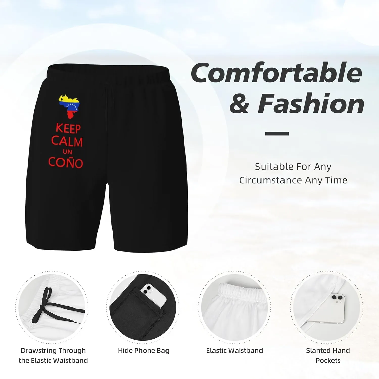 Keep Calm Un Cono SOS Venezuela Mens Double Layer Swim Trunks Summer Casual Board Shorts