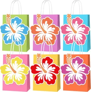 KERINGO 24 PCS Hibiscus Party Gift Bags Hawaiian Themed Paper with Handles Tropical Party Favors Gift Summer Beach Tiki Luau Treat Goodie Bags Hawaii Birthday Supplies