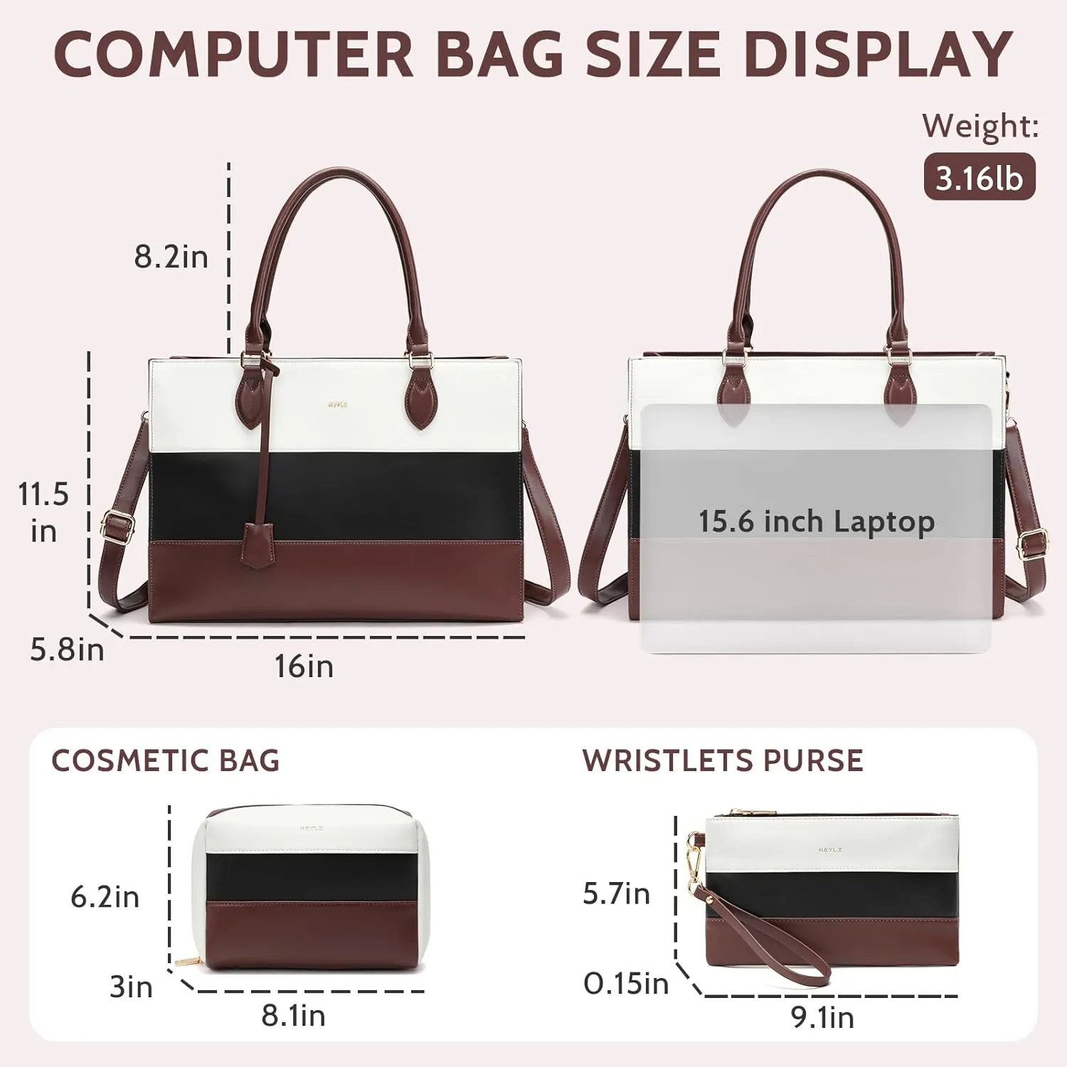 Keyli 3pc Sets Laptop Bag for Women,15.6 Inch Work Tote Bags Waterproof Leather Business Computer Briefcase Shoulder Handbag